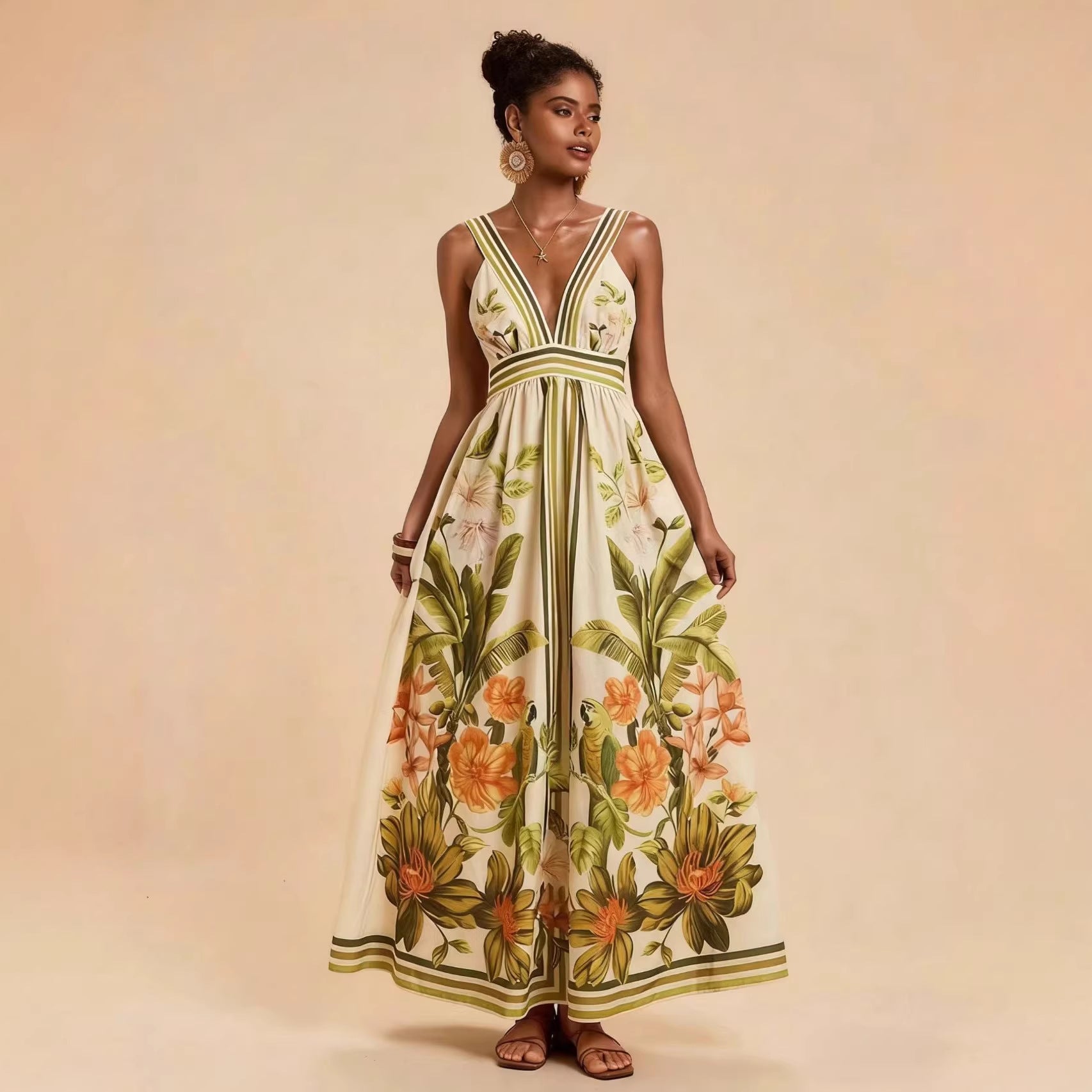 Summer V neck Positioning Printed Back Smocking Dress XUYUN