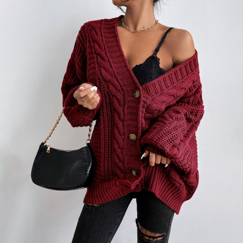 Suéter de cuello en V para mujer, cárdigan retro holgado con mangas abullonadas, abrigo de punto