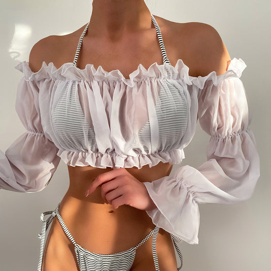 Blusa arrugada de gasa blanca de manga larga para playa, traje de baño para mujer
