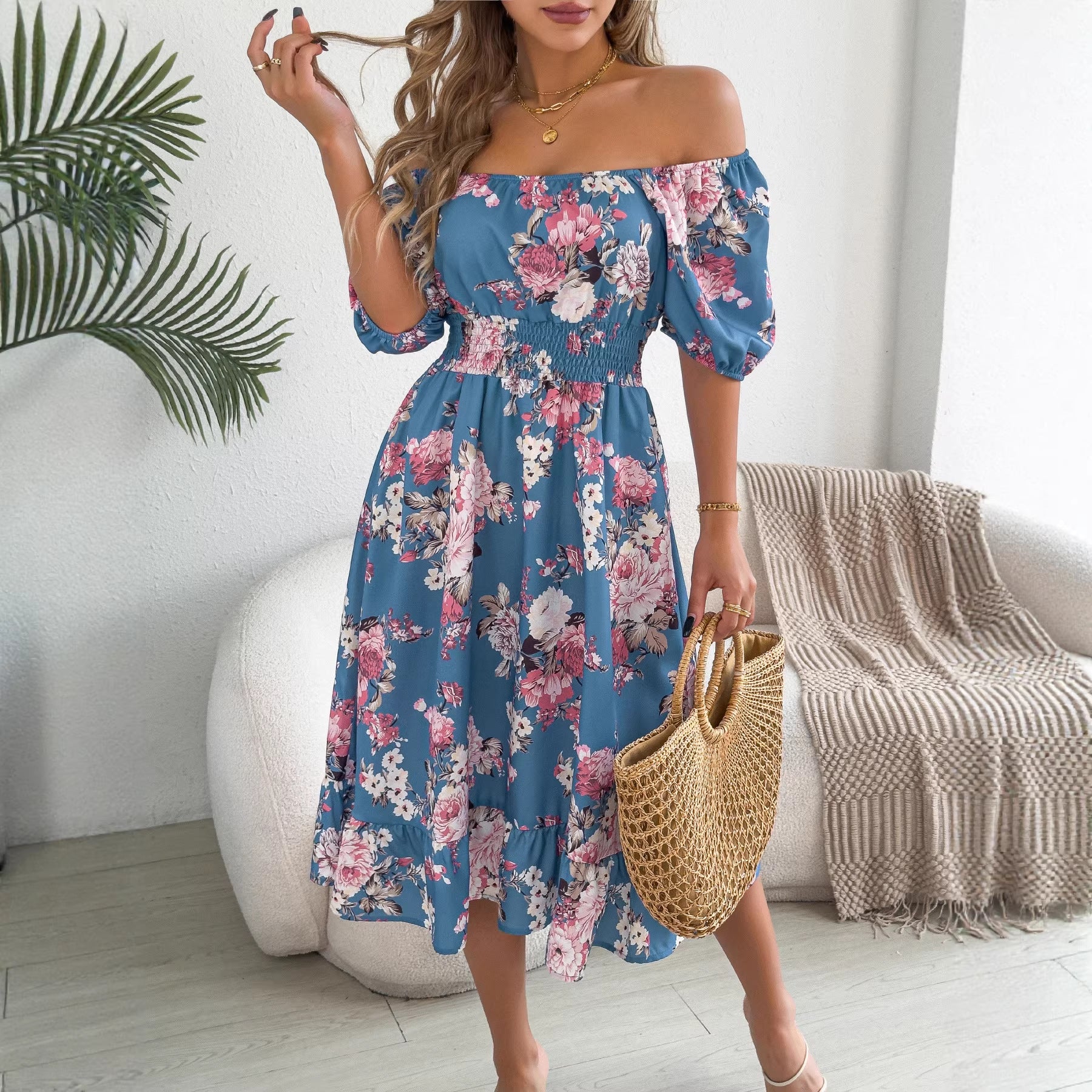 Spring Summer Floral Off Shoulder Short-Sleeved Ruffle A Line Holiday Dress BAGIISA