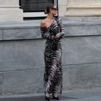Robe d'automne rétro sexy à épaules dénudées, rayures zébrées, coupe ajustée, manches longues pour femme