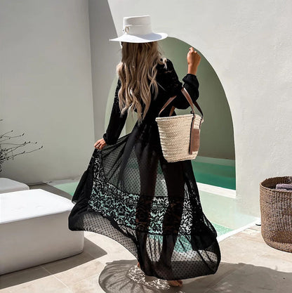 Chiffon Stitching Lace Lace Beach Cover Up Sexy Cardigan Loose Vacation Beach Cover Up