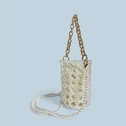 Chinese Beaded Hand Woven Pearl Cocktail Vegetable Basket Hollow Out Cutout Bucket Chain Underarm Messenger Bag