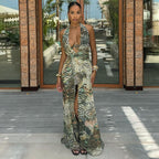 Vestido elegante con cuello halter, escote en V profundo, espalda descubierta, abertura ceñida, estampado abstracto, para mujer