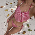 Halter Plaid Split Swimsuit Backless Sexy Bikini Vacation Beach Swimsuit Alina