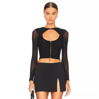 Blusa negra de manga larga con diseño de malla para mujer, cárdigan ajustado de otoño con hebilla