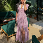 Elegant Floral Dress Summer Polo Collar Short Sleeve High Waist Print A line Dress for Women Kigali
