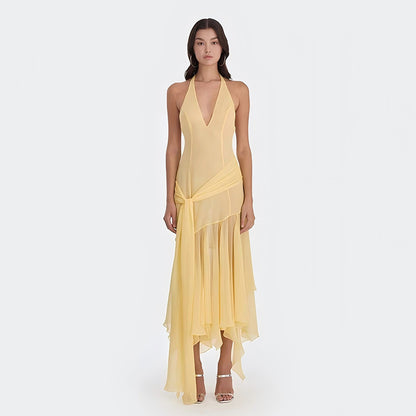 Summer Halter Chiffon See through Dress Sexy Deep V Plunge Ribbon Dress