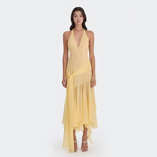 Summer Halter Chiffon See through Dress Sexy Deep V Plunge Ribbon Dress