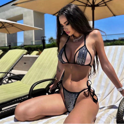 Bikini sexy con lentejuelas divididas para mujer, traje de baño de playa con cordones y recortes