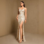 Spring Summer V neck Sling Backless High Slit Back Strap Evening Dress Party Dress HENGACHI