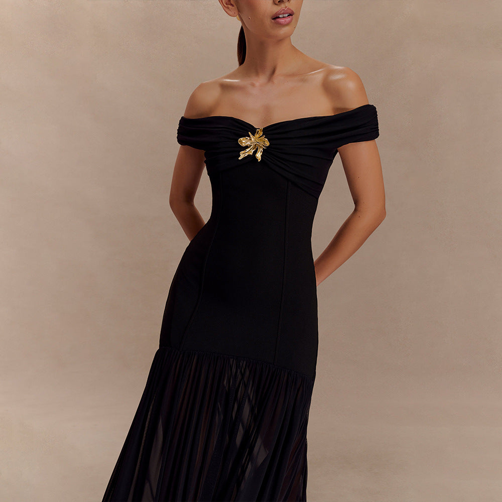 Elegant Tube Top Ladies Dress Sexy Mesh Stitching Backless Pleated Slim Fit Maxi Dress JULISSA