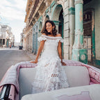 Summer Women Clothing off Shoulder Ruffled Hollow Out Cutout Wide Hem Lace Long Dress