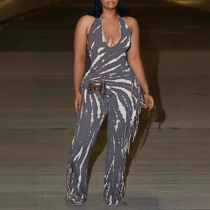 Mono elegante, sexy, ajustado, elástico, sin espalda, con borlas, estampado, con tirantes finos