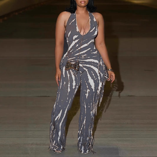 Mono elegante, sexy, ajustado, elástico, sin espalda, con borlas, estampado, con tirantes finos
