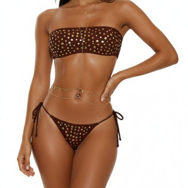 Metal Dot Tube Top Sexy Split Banded Bikini Swimsuit CSC