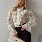 Women Commuting Wear Summer Lace Jacquard See through Puff Sleeve Wooden Ear Long Sleeve Zipper Shirt Cardigan Design Blouse FOREVEREIGHTEEN