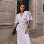 Short Sleeved Floral Dress Summer V Neck Shoulder High Waist Long Floral Dress BlueLine