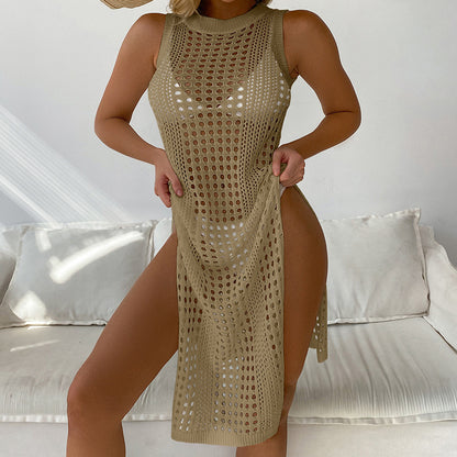 Vacation Sexy Solid Color round Neck Sleeveless Breathable Knitted Long High Slit Dress Beach Sun Protection Blouse Crochet hook