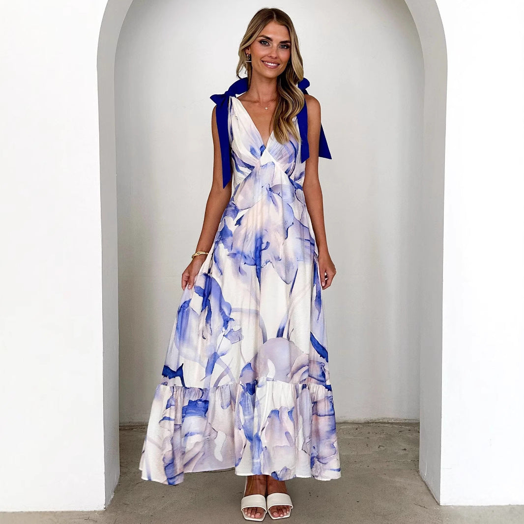 Summer Women Maxi Dress V neck Sleeveless Printed Dress XUYUN