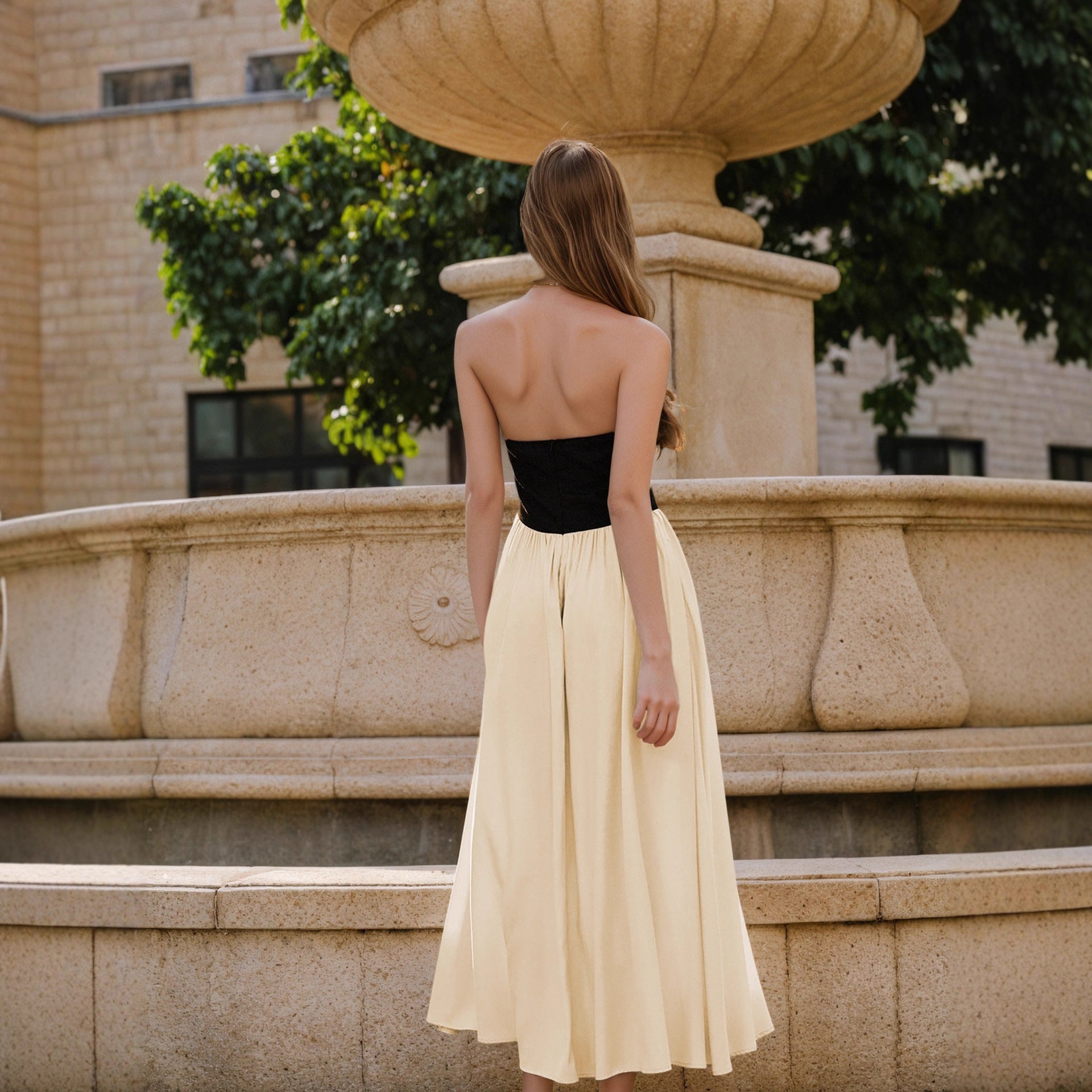 Socialite Elegant Women Dress Slim Fit Black White Stitching Sleeveless Halter Backless Maxi Dress off Neck Dress Rogan