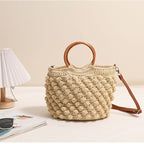 Bolso bandolera de paja con forma de gorro y aro de madera, bolso de paja portátil, bolso tejido, bolso de playa para vacaciones, bolso para mujer 