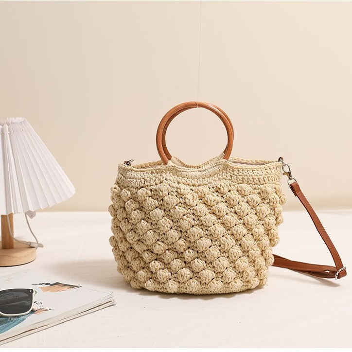 Sac à bandoulière en paille avec anneau en bois, sac en paille portable, sac tissé, sac de vacances, sac de plage pour femme 