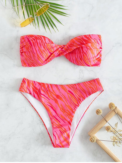 Traje de baño de bikini bandeau estampado sexy sin espalda dividido traje de baño de dos piezas