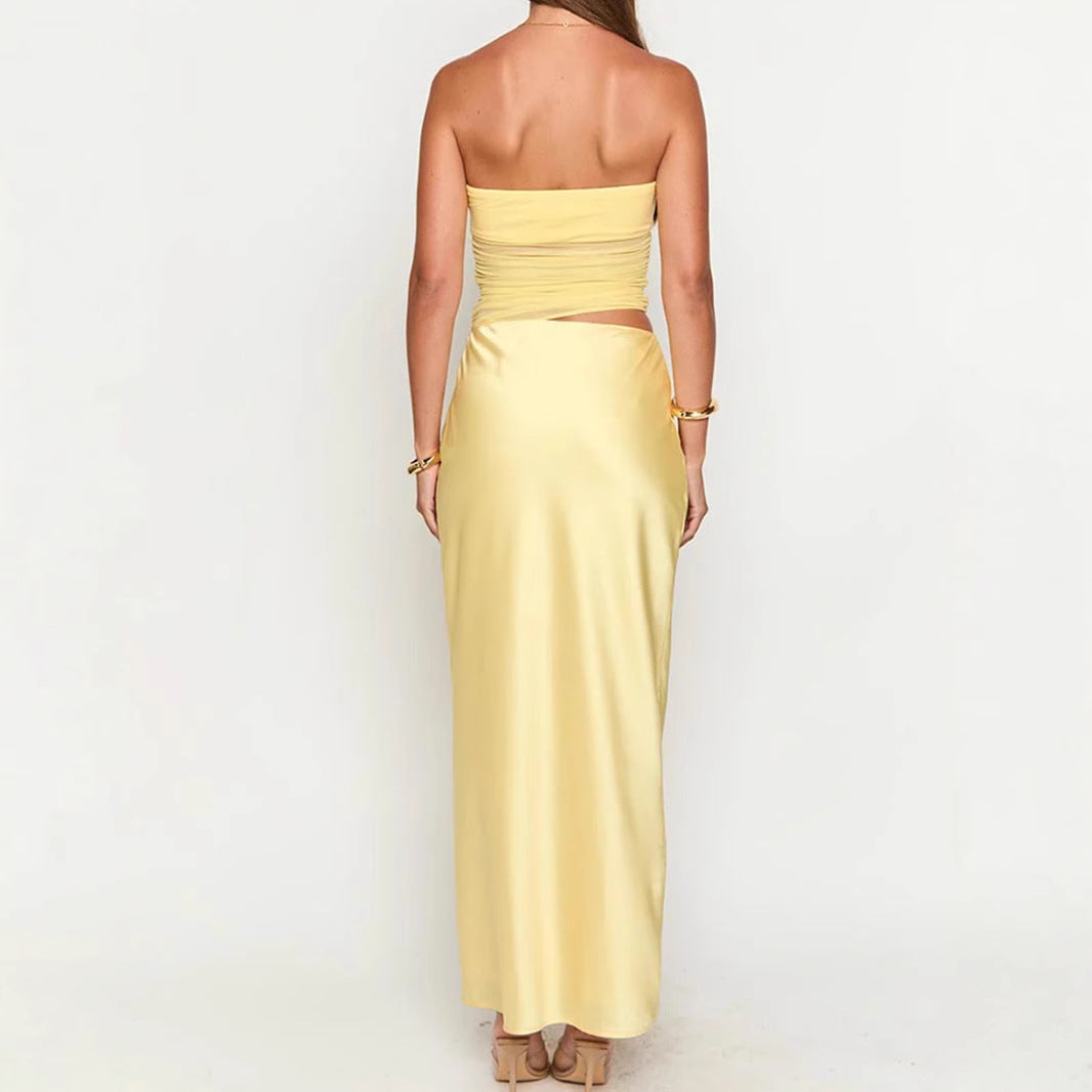 Sexy Tube Top Hollow Out Cutout Backless Yellow Dress French High Grade Satin Dress Sexy Summer Beautiful Dress