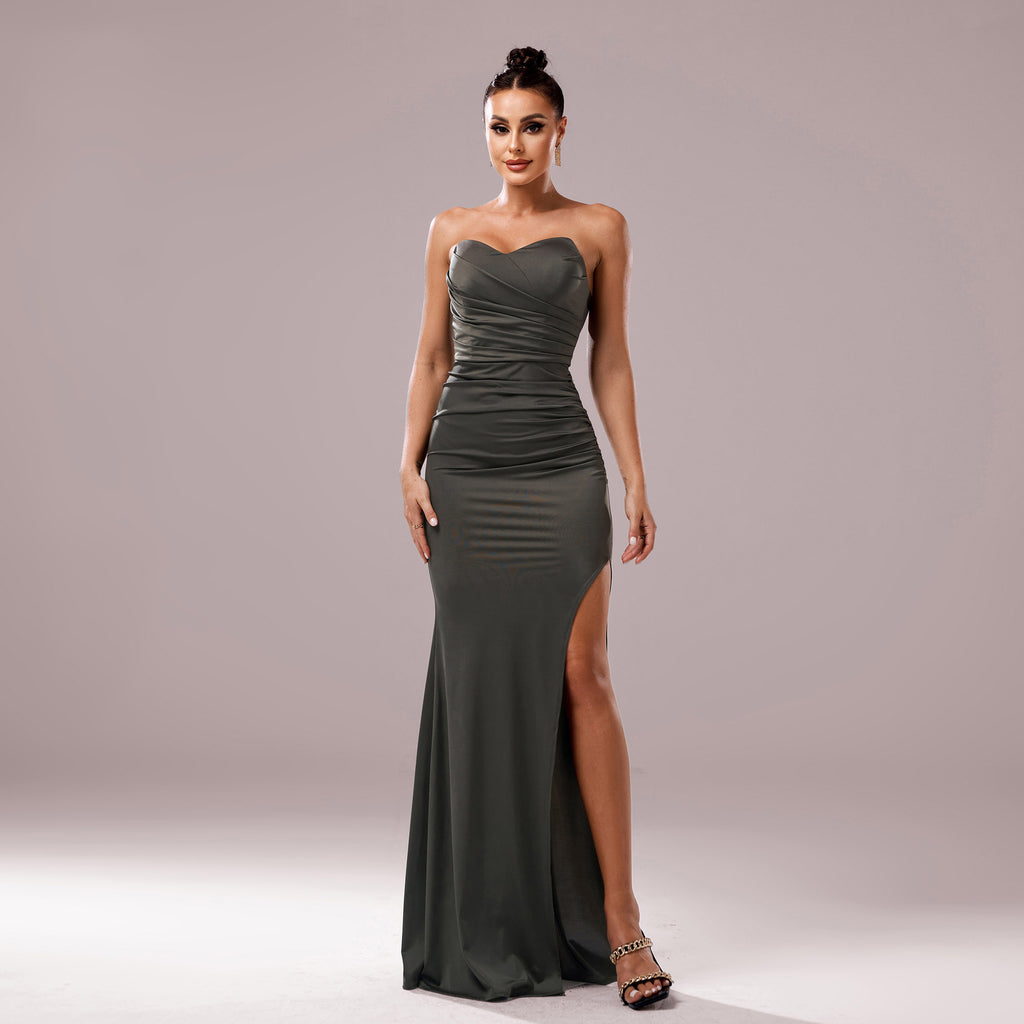 Robe de soirée fourreau moulante à col en V et manches longues pour femme