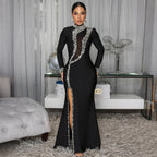 Women Clothing High Collar Long-Sleeved Dress Split Rhinestone Dress Coya