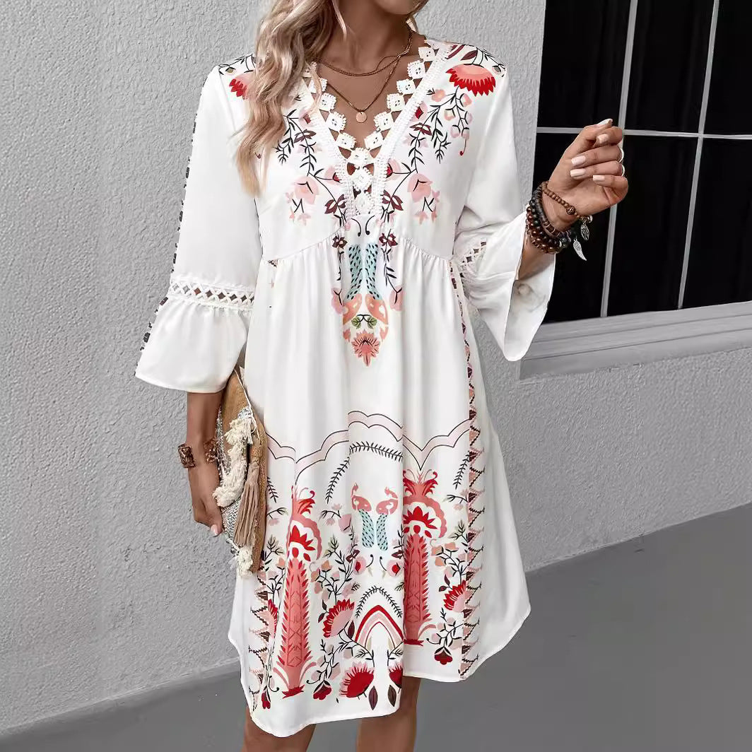 Women Clothing Summer V Neck Lace Stitching Casual All Matching Printed Dress AXE
