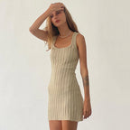 Summer Women Solid Color Wide Stripe Woolen Vest Dress Elegant Slim Fit Sheath Short Dress LingSharp
