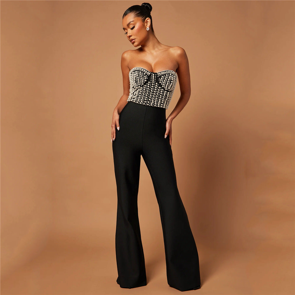 Mono de vendaje con pantalones ajustados y elegantes con parte superior de tubo y perlas sexys