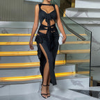 Vestido asimétrico sin mangas con aberturas y tirantes finos para mujer, de verano, con malla transparente y retazos