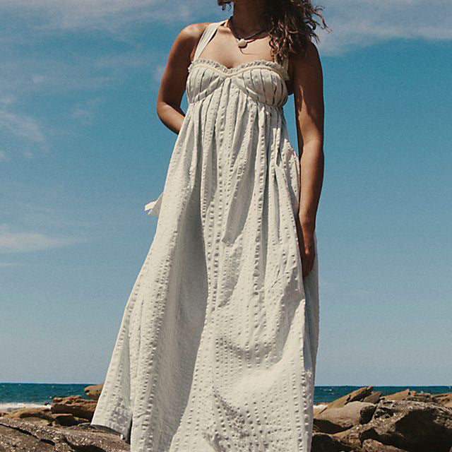 Summer Sweet Multicolor Flounce Trim Lace up Backless Seaside Vacation Dress Eedele