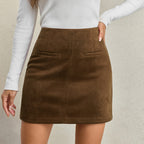 Autumn Winter Women Suede Pocket Skirt High Waist Zipper Solid Color Mini Skirt BRINGITON