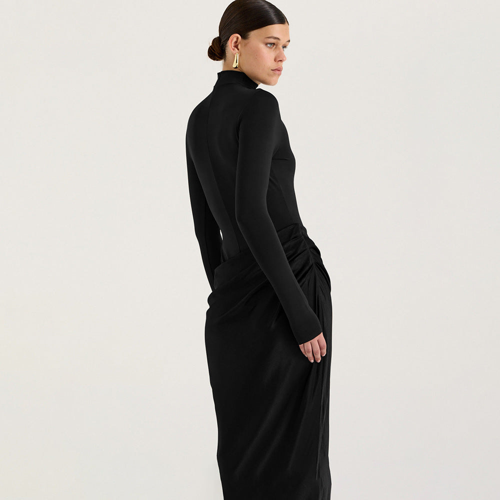 Summer Half High Collar Long Sleeves Dress Sexy Slim Fit Faux Two Piece Solid Color Dress JULISSA