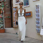 Autumn Winter Women Color Contrast V Neck Halter Lace Up Backless Knitted Dress YIMAIL