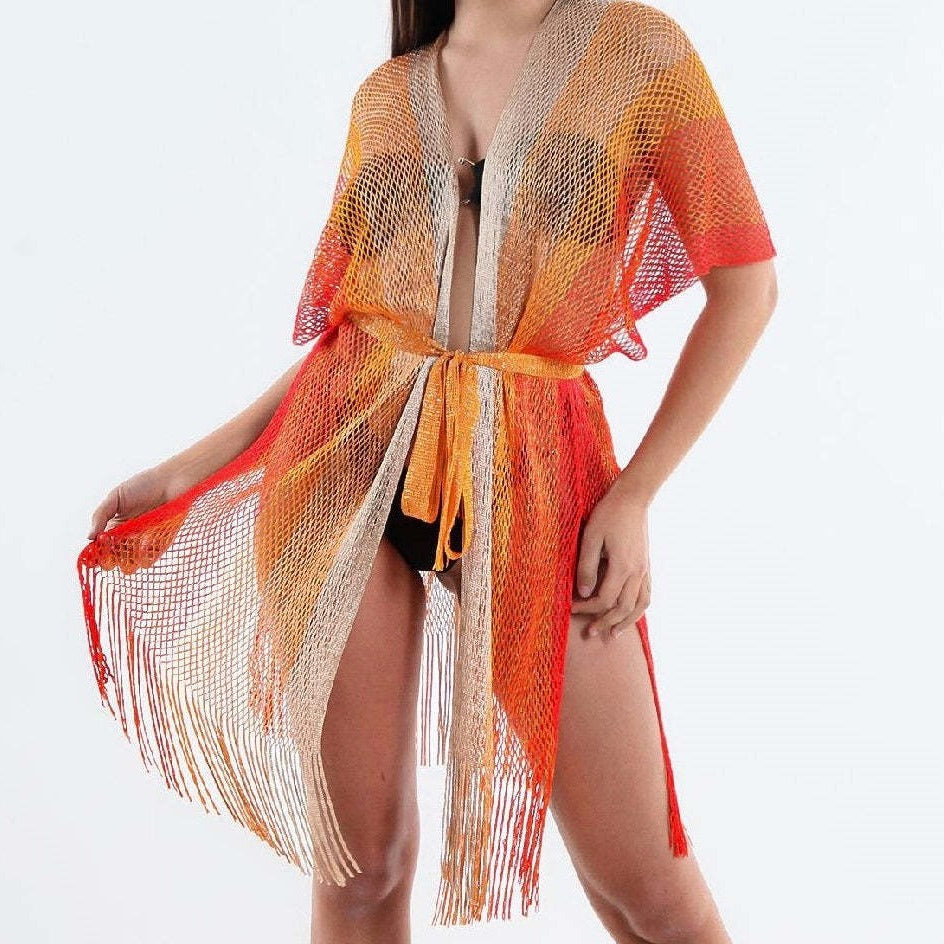 Summer Beach Sun Protection Shirt Lace up Cutout Tassel Sexy Slit Beach Cover Up Knitted Cardigan Shawl Crochet hook Crochet hook Crochet hook