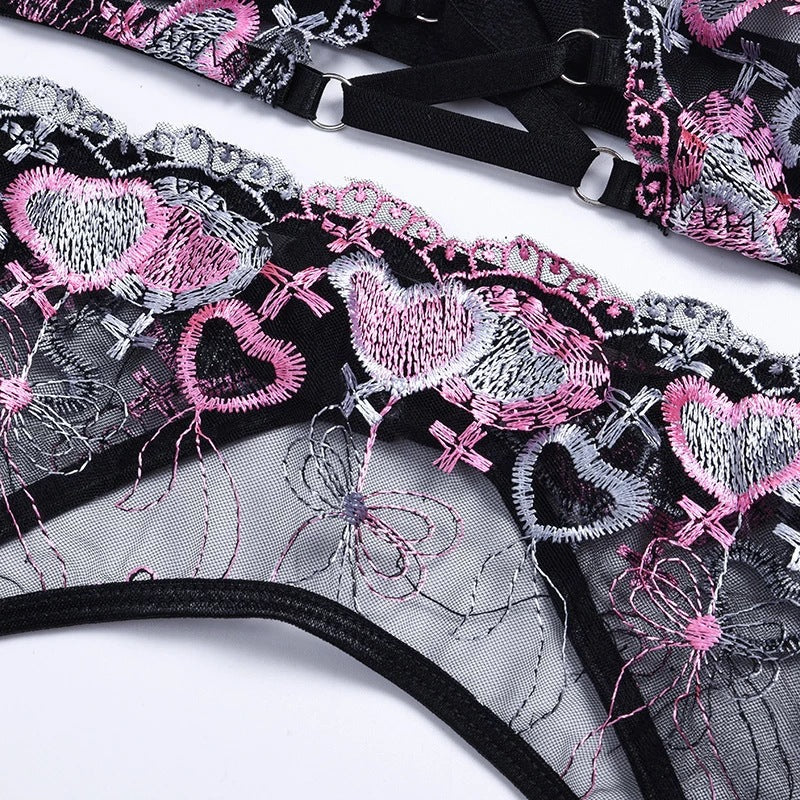Sexy See-through Mesh Love Embroidery Strap Garter Three-Piece Set