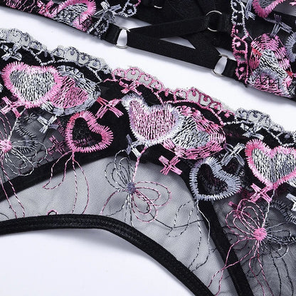 Sexy See-through Mesh Love Embroidery Strap Garter Three-Piece Set