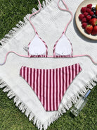 Striped Printed Bikini Triangle Cup Lace up Sexy Backless Split Bikini Swimsuit WithWind
