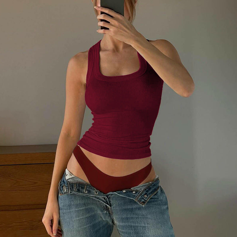 Débardeur court sexy à col en U, couleur unie, coupe ajustée, pour femme, été