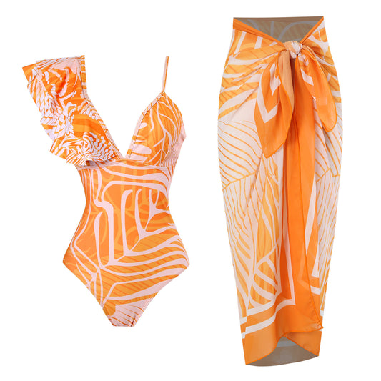 Traje de baño sexy para mujer, traje de baño de primavera con un hombro, conjunto de falda de playa dividida de gasa