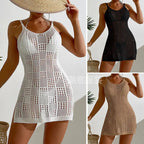 Vacation Women Clothing Short Chic round Neck Plaid Texture Hollow Out Cutout out See through Camisole Sexy Short Dress Crochet hook Tidee