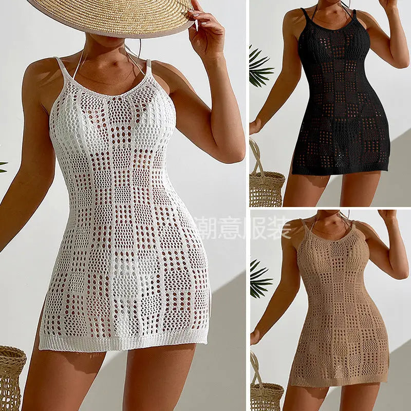 Vacation Women Clothing Short Chic round Neck Plaid Texture Hollow Out Cutout out See through Camisole Sexy Short Dress Crochet hook Tidee