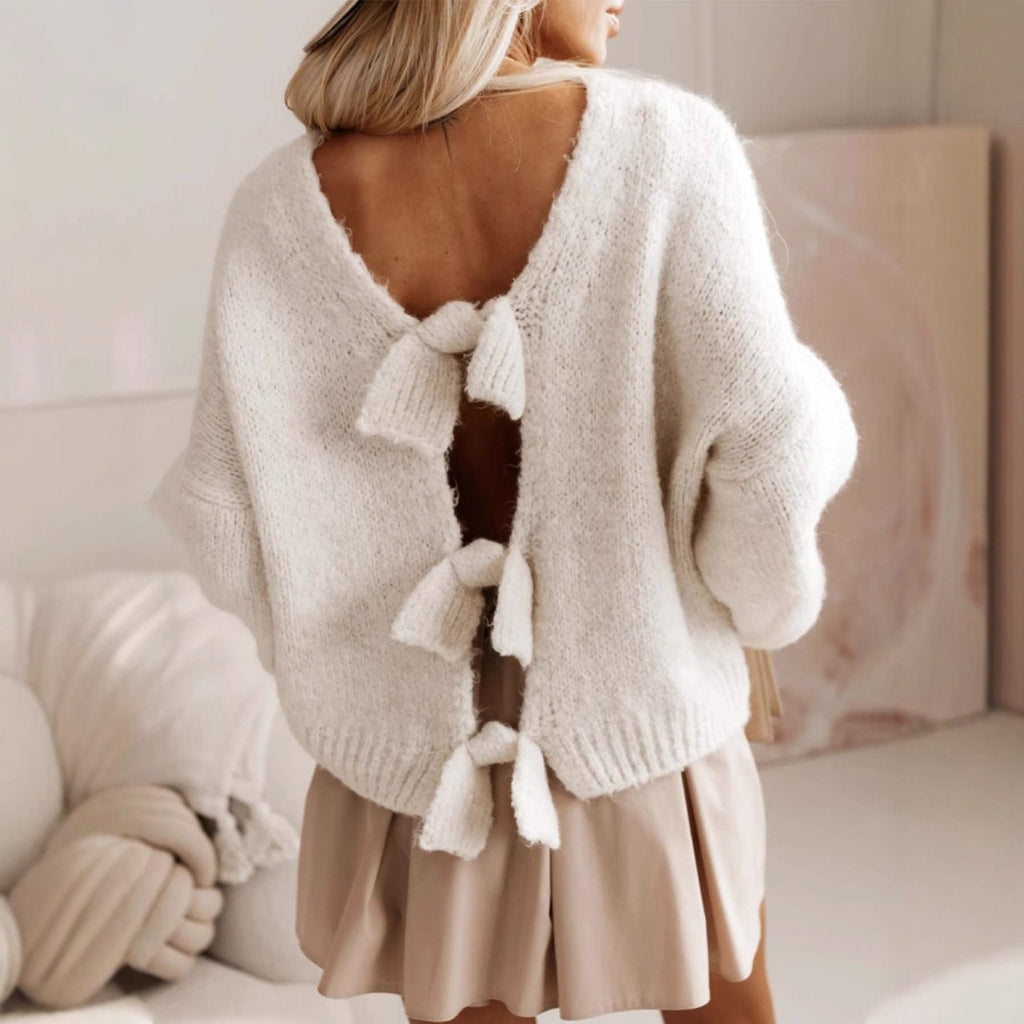 Pull ample dos nu sexy à nœud papillon pour femme, automne-hiver