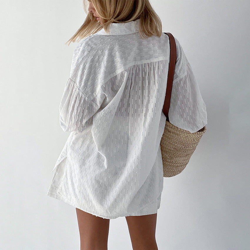 Summer French White Jacquard Cotton Puff Sleeve Casual Shorts Set Ladies Homewear Cool Pajamas Meiyas