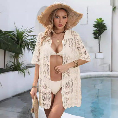 Women Beach Vacation Sun Protection Shirt Hollow Out Cutout Woven Shirt Polo Collar Coat Beach Cover Up